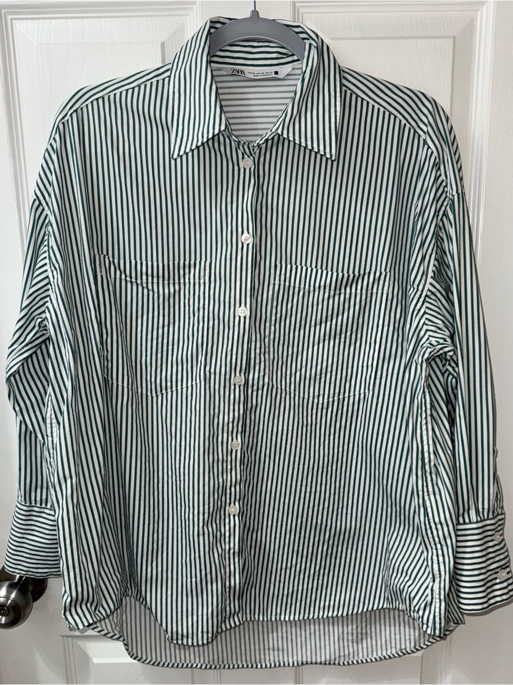 Zara Green and White Vertical Striped Poplin Button-Down Shirt Size XS